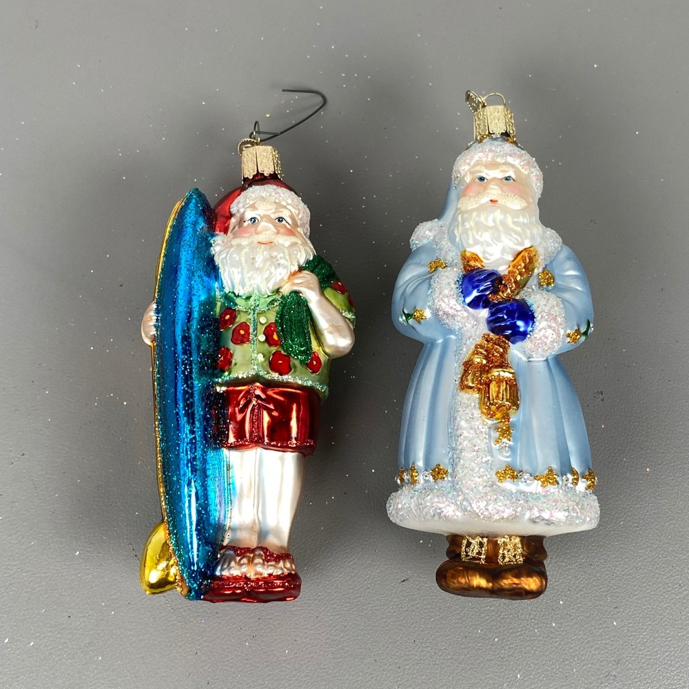 Old World Christmas Surfing Santa & Father Christmas Glass Ornaments Set of 2